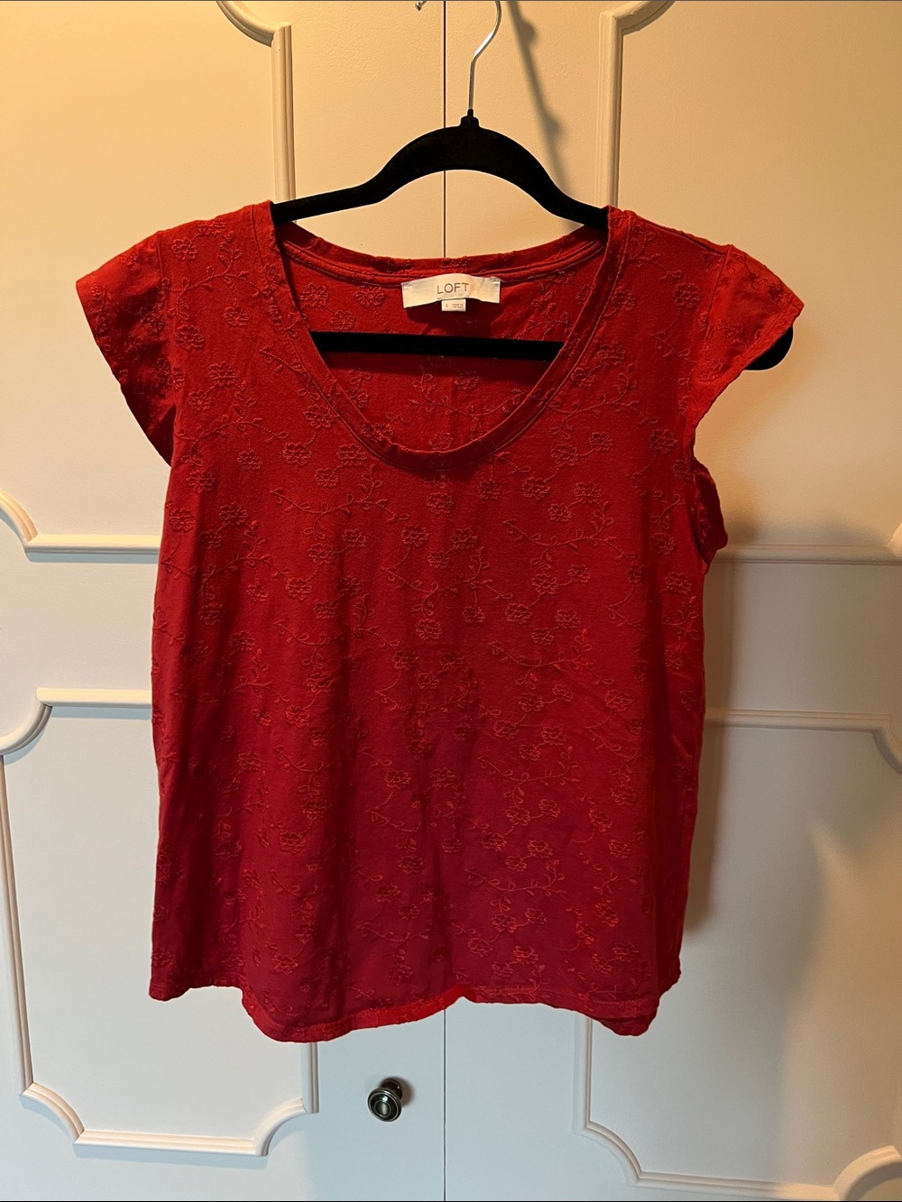 LOFT Red Floral Embroidered Cap Sleeve Tee